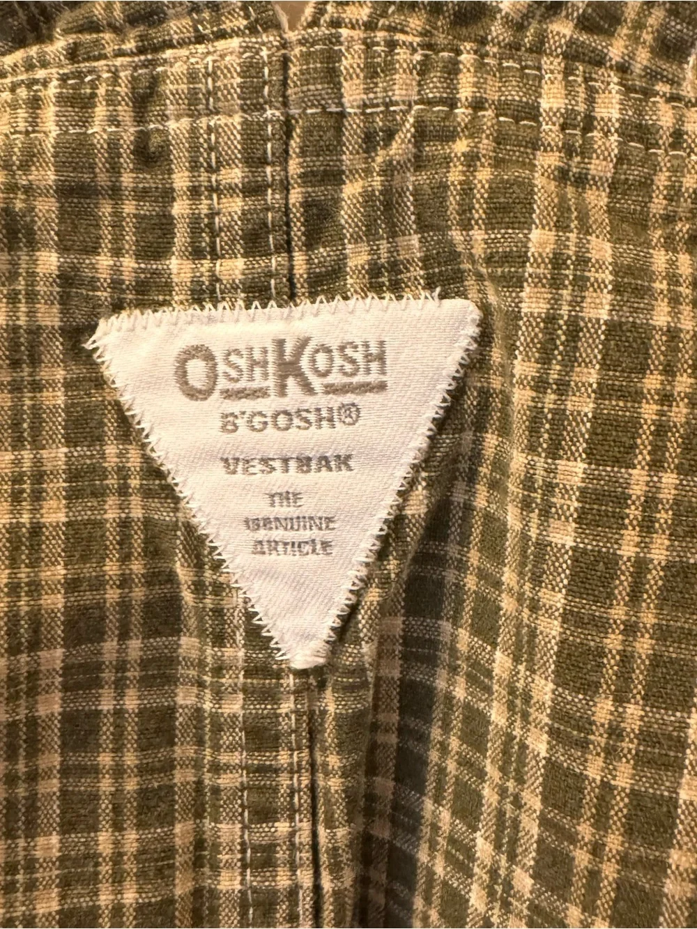 Vintage OshKosh B'gosh Plaid short Overalls Olive green check Vestbak Tide tag